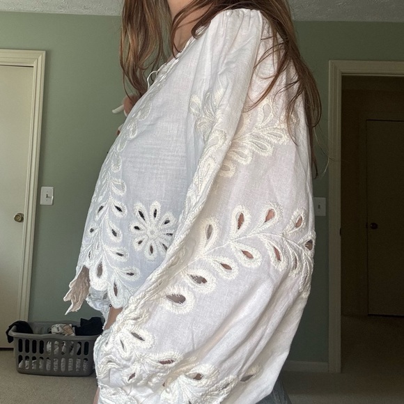 Free People Oleander Top White Embroidered Eyelet Peasant Blouse - Picture 2 of 4